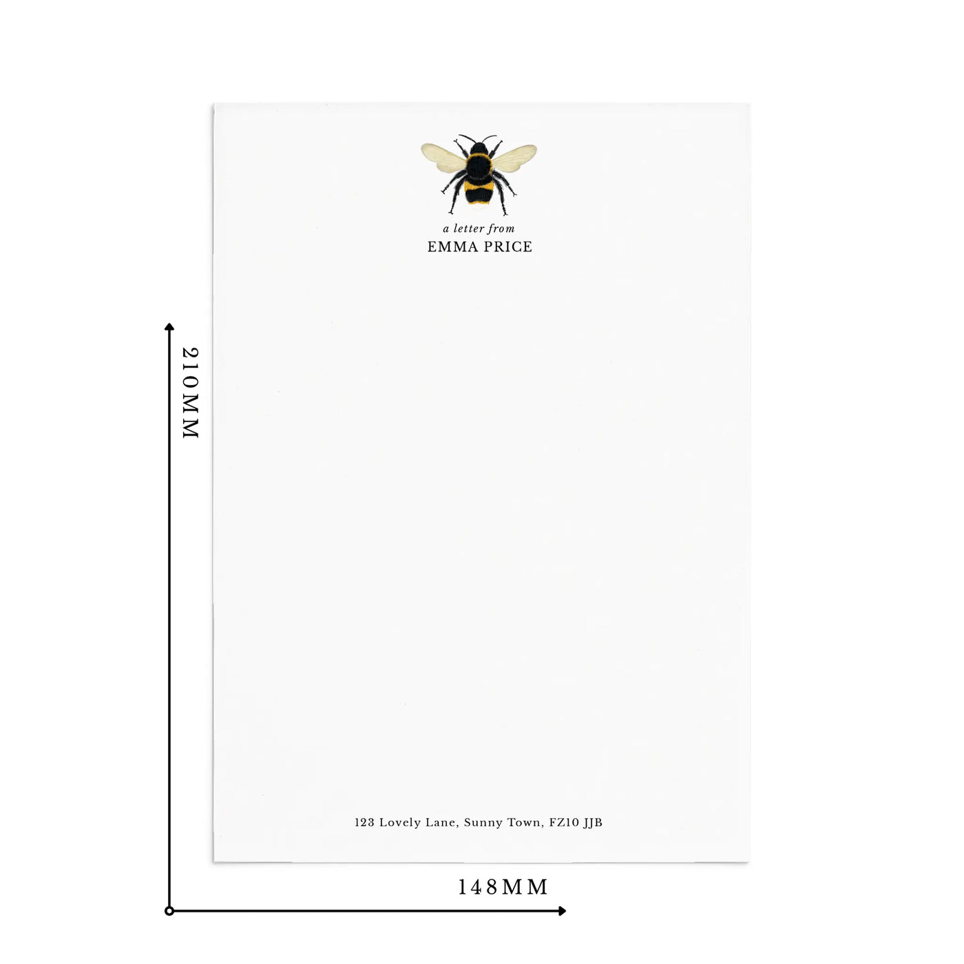 Single sheet of bumblebee writing paper on white background with measurements reading 210mm by 148mm.