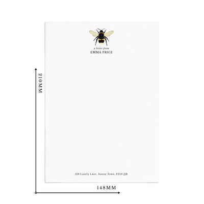 Single sheet of bumblebee writing paper on white background with measurements reading 210mm by 148mm.