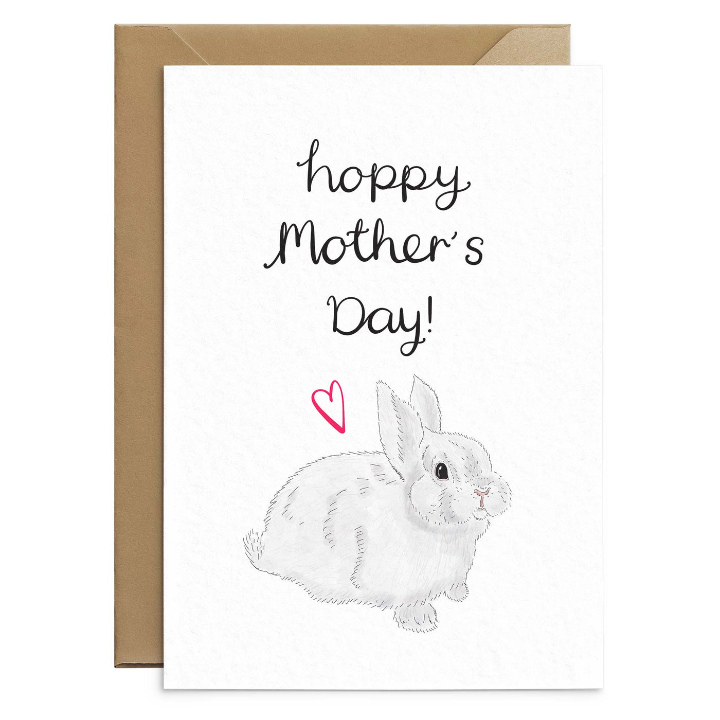Bunny mother's day greetings card with brown Kraft envelope. Text reads 'hoppy Mother's Day' with small red love heart. Illustration of a grey/white bunny rabbit. Greetings card by Poppins and co.
