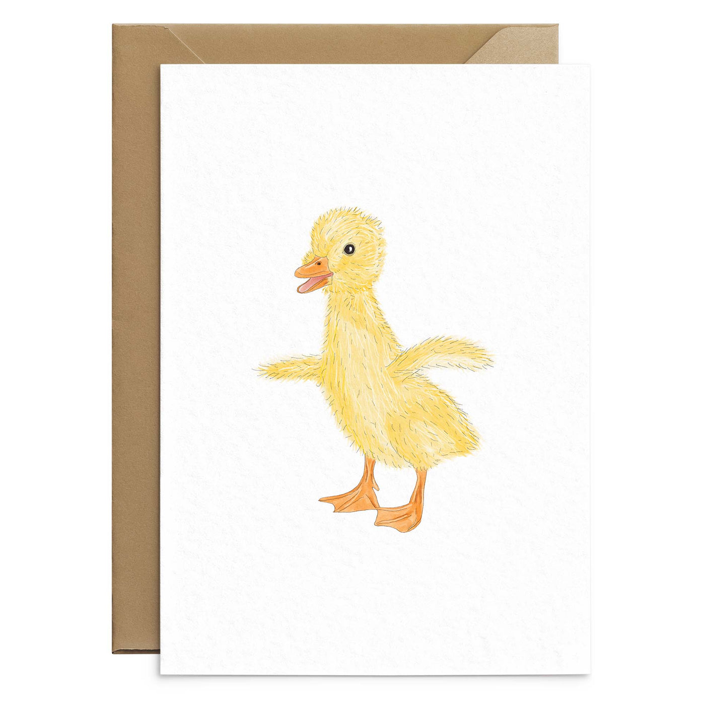 A white greetings card featuring an adorable illustration of a yellow duckling. No text. Card is laid out on top of brown recycled envelope. Easter greetings cards by Poppins and co.