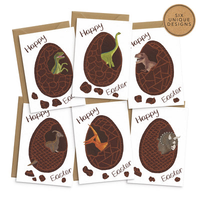 An unusual set of easter greetings cards for kids featuring 6 different dinosaurs hatching from inside chocolate easter eggs. Illustrations of a velociraptor, diplodocus, T rex, parasaurolophus, pterodactyl and triceratops. Brown text reads 'happy easter' on each card. A set of 6 cards on white card with recycled envelopes. Easter cards by Poppins and co.