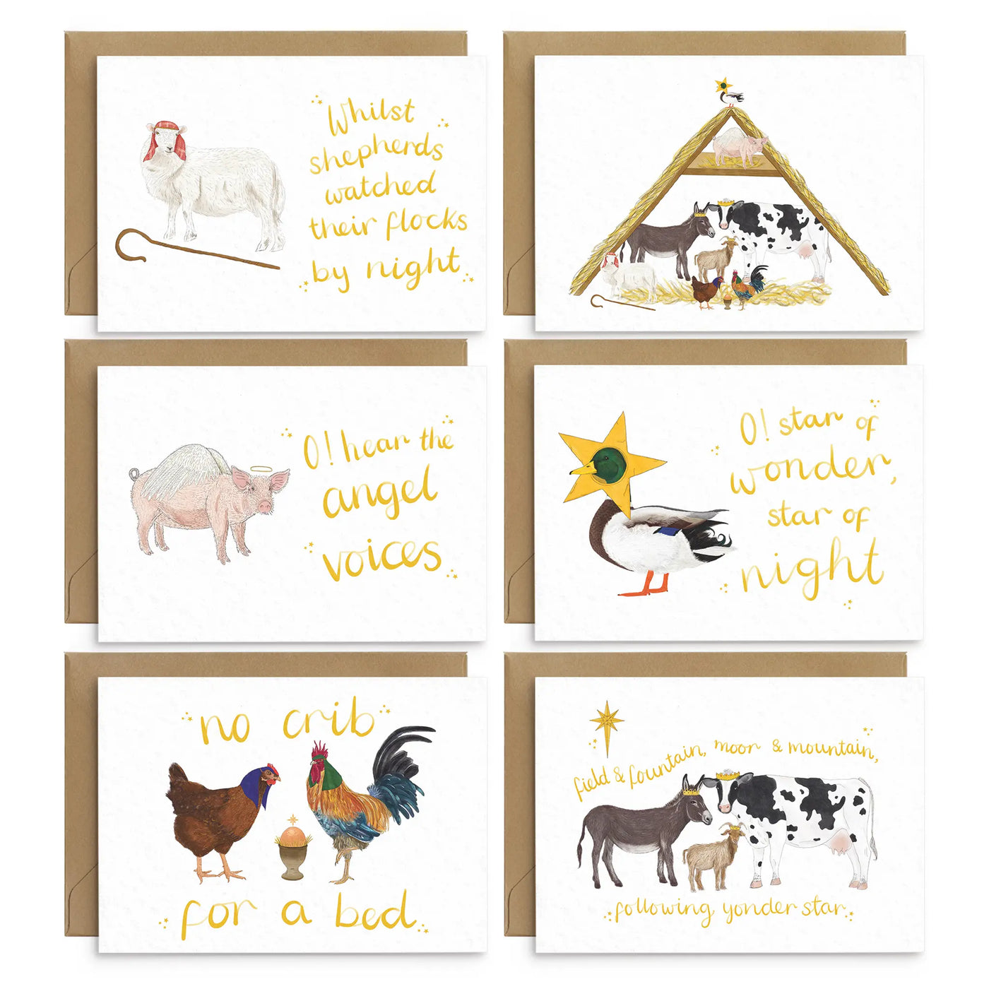 A set of 6 whimsically illustrated holiday cards featuring a variety of nativity themed farm animal illustrations, including chickens, a duck, a pig, a donkey, a cow and a goat in comical scenes and scenarios.