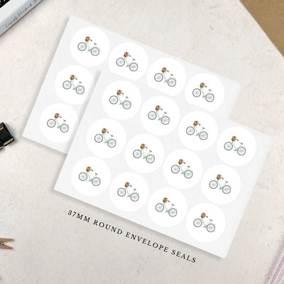 Sheet of bicycle-themed envelope seals on a white background - 37mm round