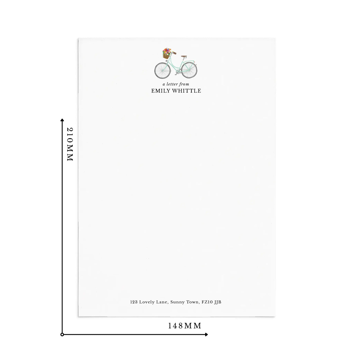 Single sheet of personalised bicycle writing paper on white background with measurements reading 210mm by 148mm.