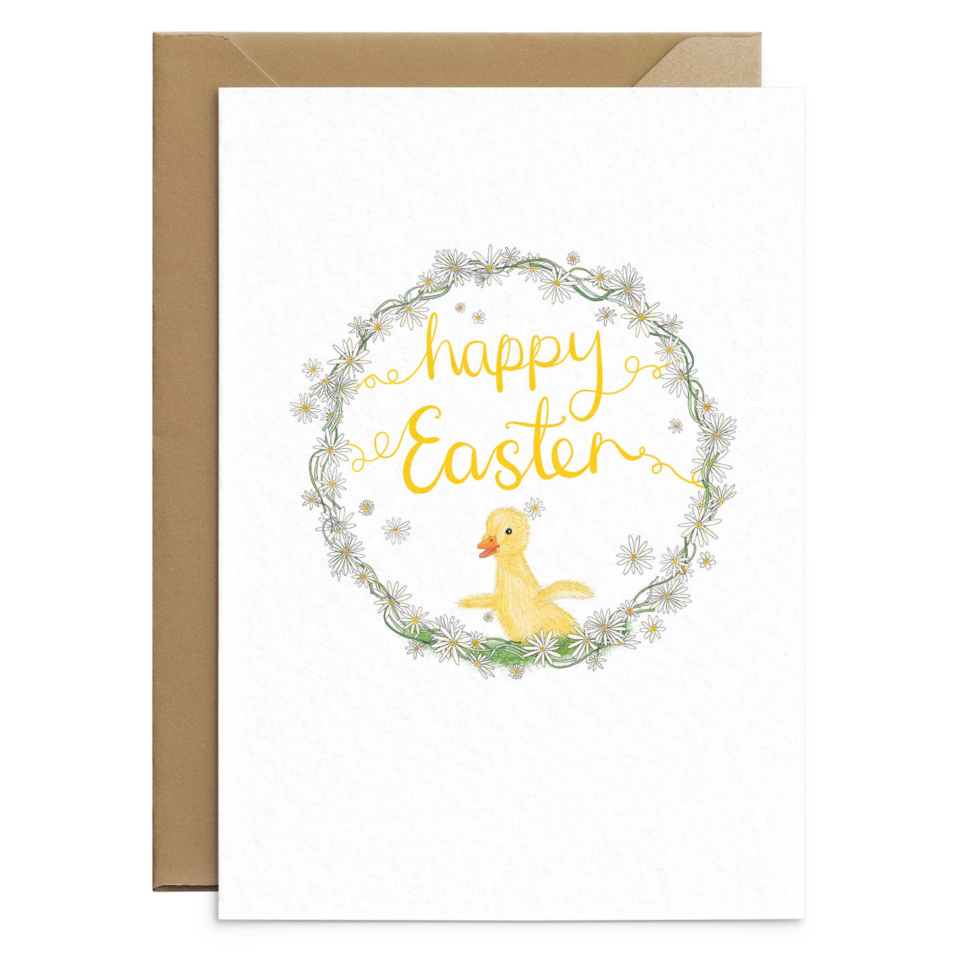 A cute easter greetings card featuring a yellow duckling drawn inside a wreath of daisies and completed by hand scripted yellow text that reads 'happy easter'. On a brown recycled envelopes. Greetings cards by Poppins and co.