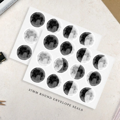 Sheet of moon-themed envelope seals on a white background - 37mm round