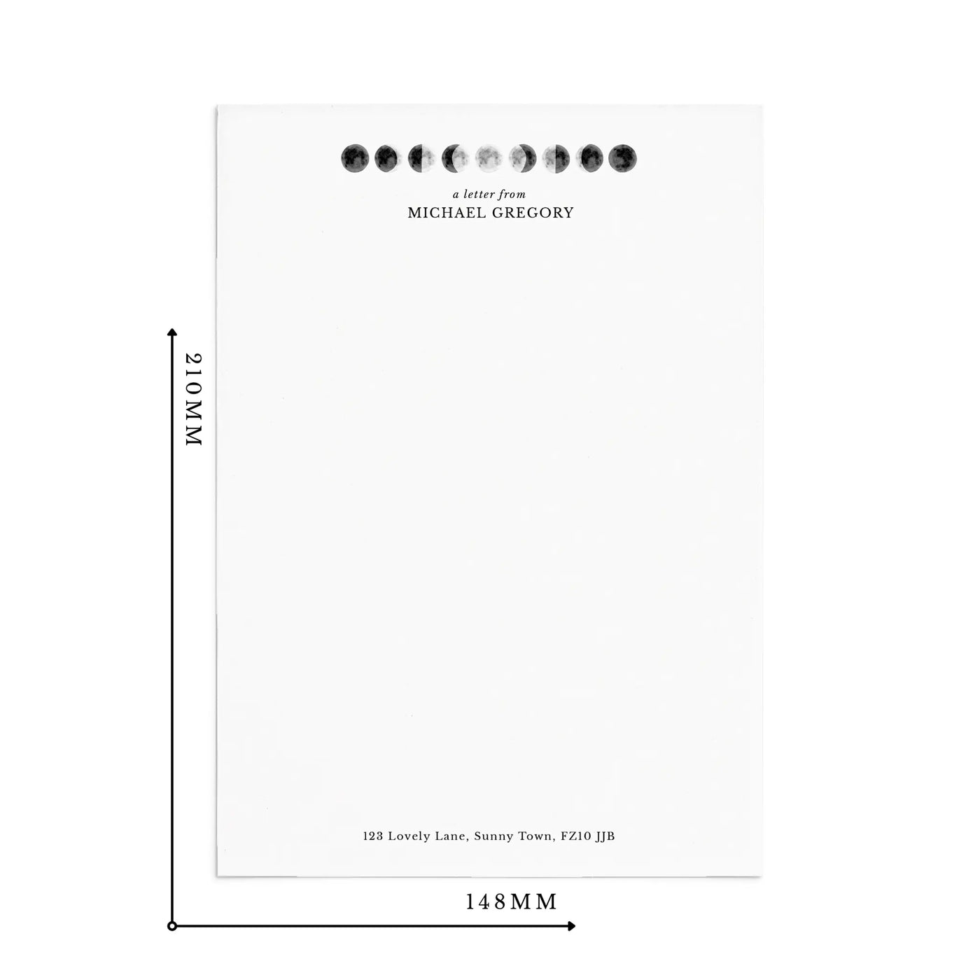 Single sheet of personalised moon themed writing paper on white background with measurements reading 210mm by 148mm.
