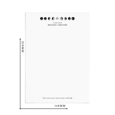 Single sheet of personalised moon themed writing paper on white background with measurements reading 210mm by 148mm.