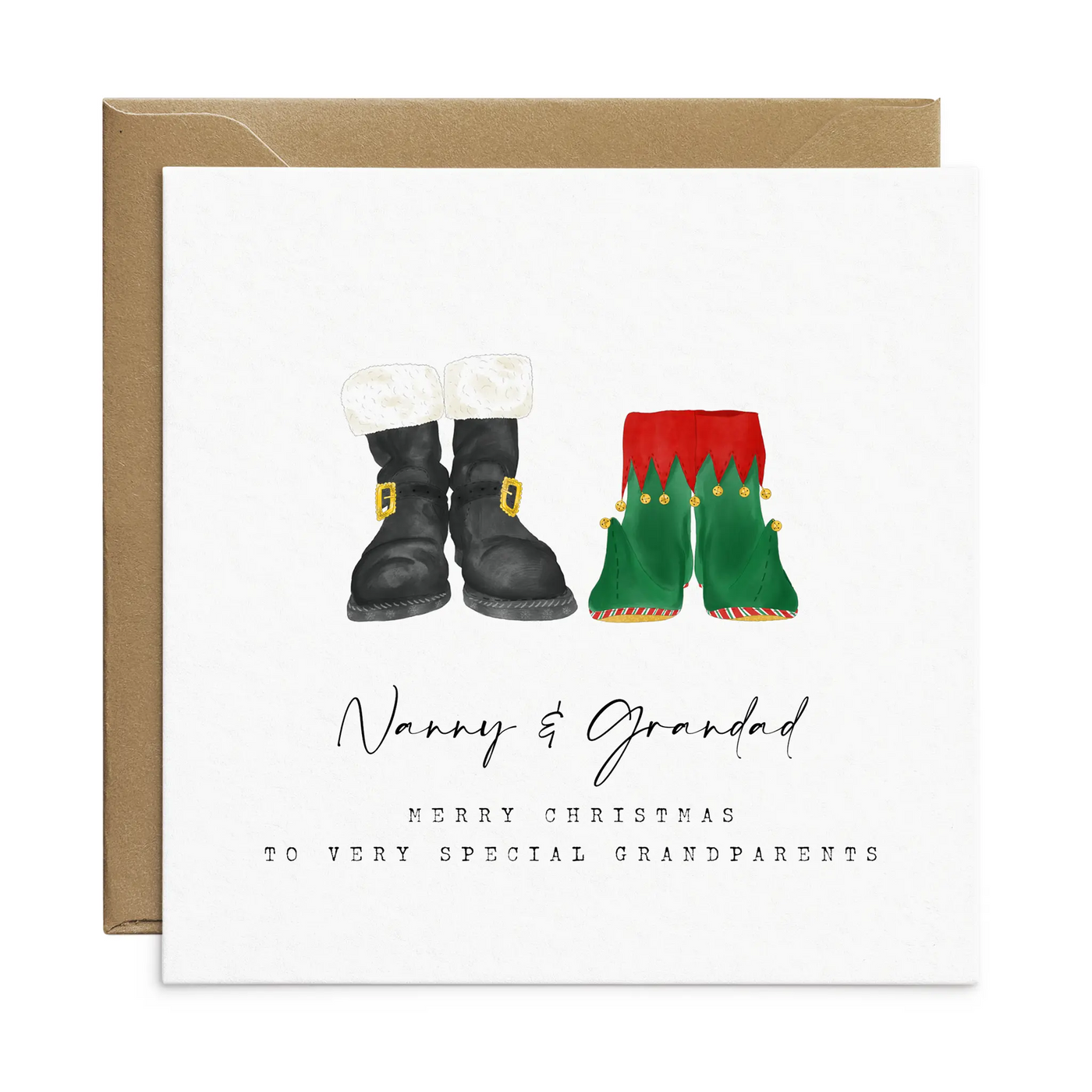 A square christmas card for grandparents featuring unique watercolour illustrations of a pair of Santa boots and elf boots side beside. Beneath the boots personalised text reads 'Nanny and Grandad - merry christmas to very special grandparents.'