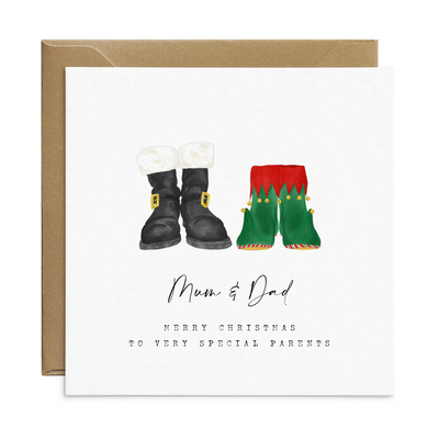 A square christmas card for special parents featuring unique watercolour illustrations of a pair of Santa boots and elf boots side beside. Beneath the boots personalised text reads 'Mum and Dad - merry christmas to very special parents.'