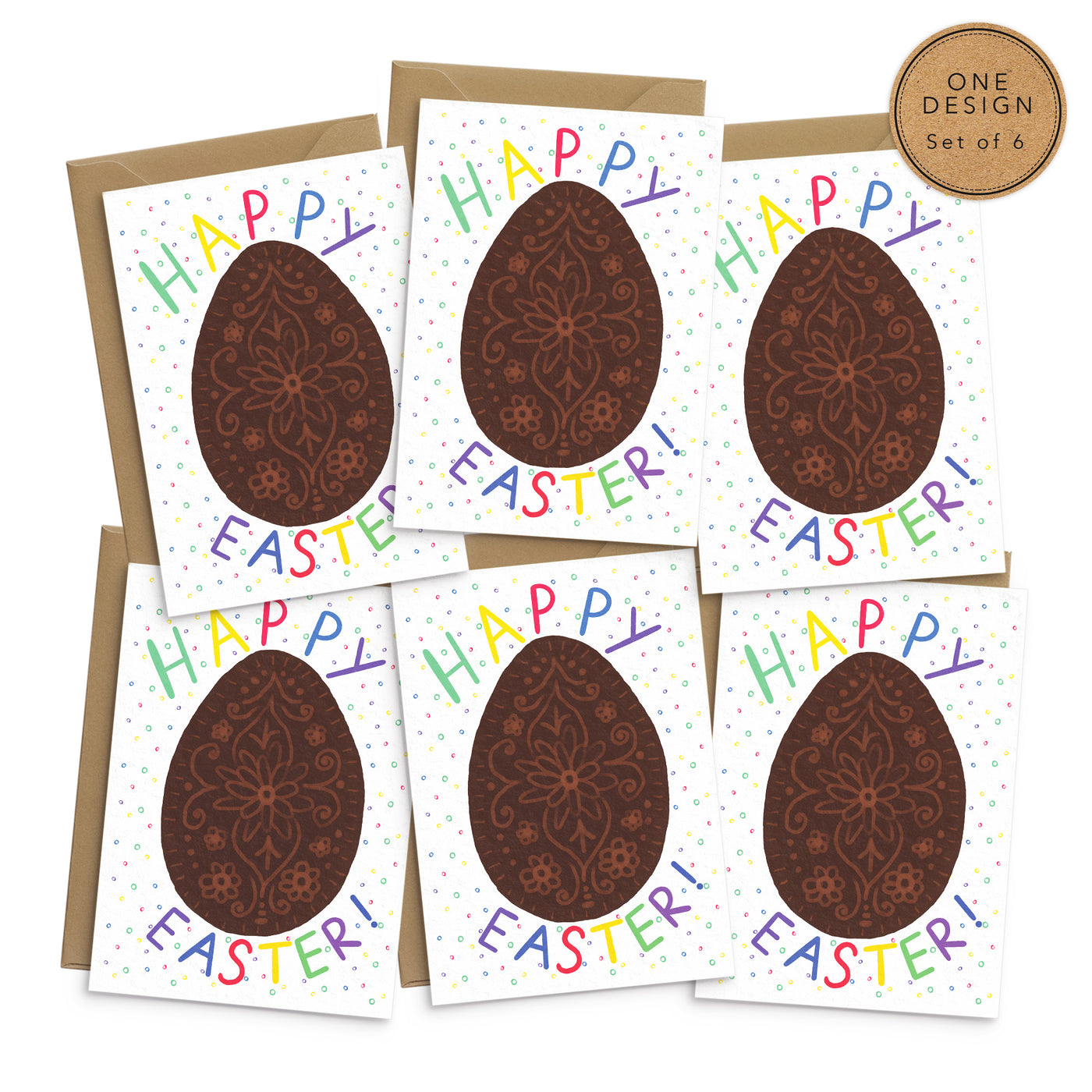 A set of colourful easter greetings cards. An illustration of chocolate egg is surrounded by rainbow coloured polka dots and completed with bright multicoloured text that reads 'happy easter'. A set of 6 white cards are laid on top of 6 recycled brown envelopes. Easter Card Set by Poppins and co.