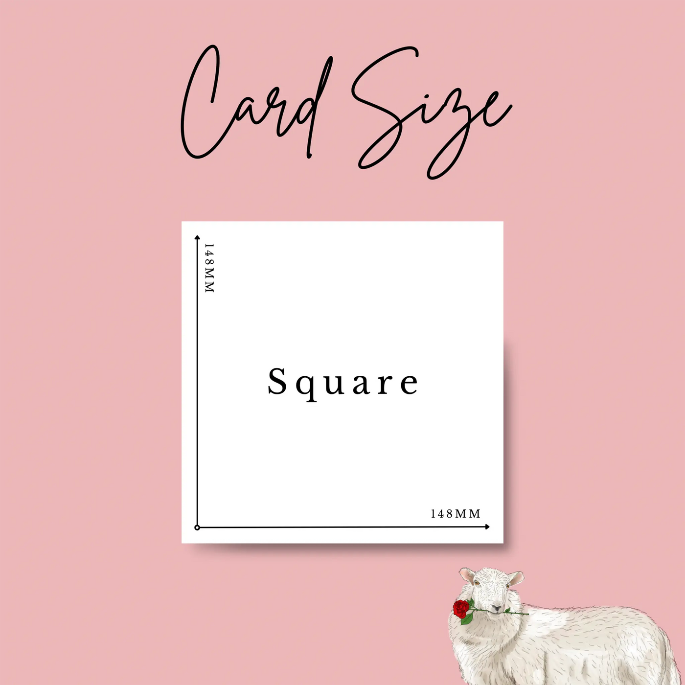 Card measurement infographic for a square greetings card measuring 148mm by 148mm