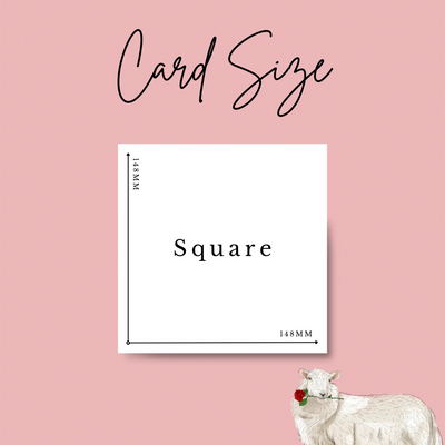 Card measurement infographic for a square greetings card measuring 148mm by 148mm