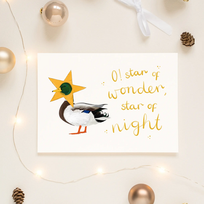 A unique christmas card lays on a table surrounded by christmas lights and ornaments. The card depicts a whimsical illustration of a duck wearing a star costume around its head. Hand scripted yellow text read 'o! star of wonder, star of night'.