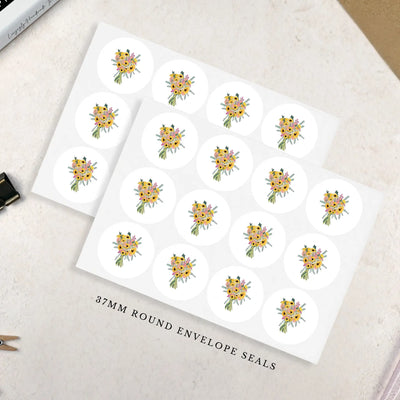 Sheet of 37mm round envelope seals with floral sunflower bouquet designs on a white background.
