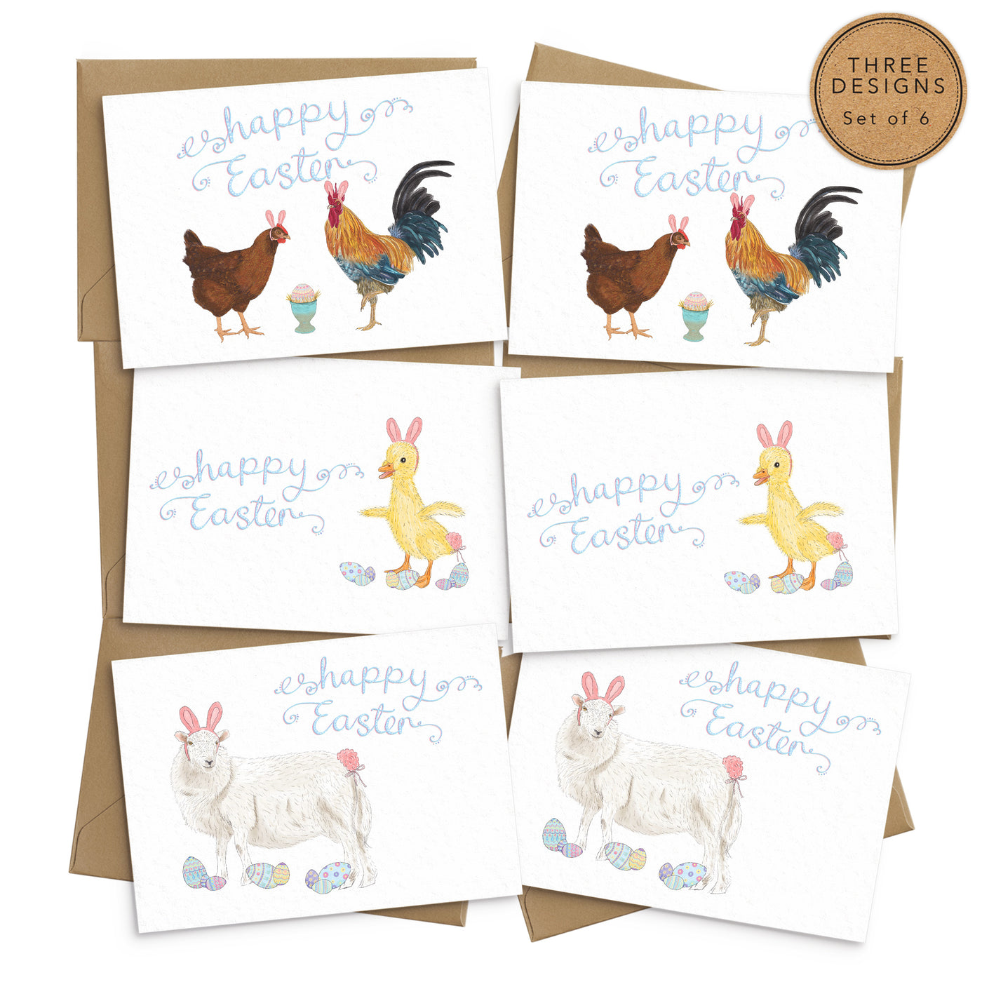 Pack of 6 Easter Greetings Cards with 6 mixed designs. Including a sheep, a duckling and a hen and cockerel with an egg. All are dressed as the Easter Bunny with pink bunny ears and tails and an assortment of pastel patterns easter eggs are scattered around. Blue scripted text reads 'happy easter'. A sticker on the photo reads 'three designs-set of 6'. Handmade greetings cards by Poppins and Co.