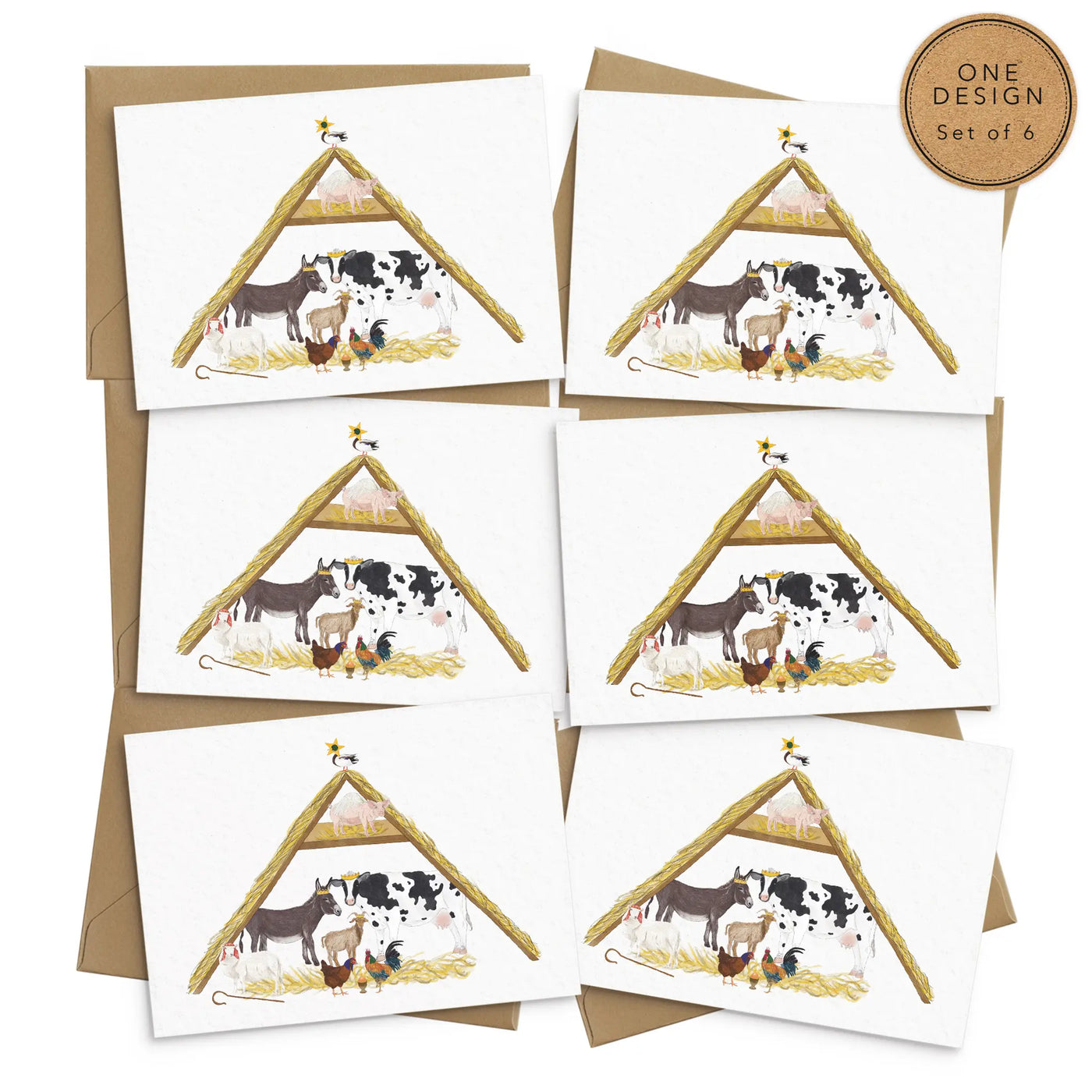 A set of 6 unique christmas cards lay on a white background. The card design depicts a whimsical illustration of nativity scene where all the roles are played by farm yard animals.  