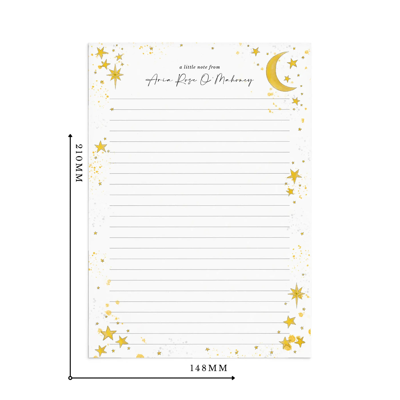 A single sheet of lined A5 writing paper with star and moon design on a white surface. Measurements read 210mm by 148mm.