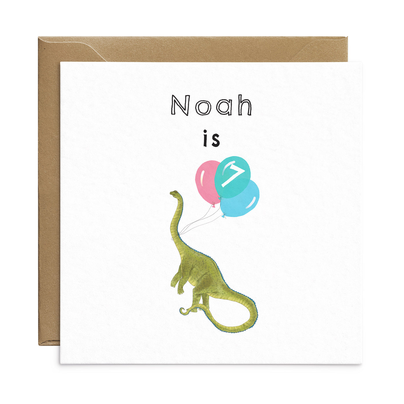 Dinosaur birthday card with unique illustration of a green diplodocus holding a pink, turquoise and blue balloons. Personalised text reads 'Noah is' with the number '7' on the balloons. Square card with brown Kraft envelope. Kids Birthday Card by Poppins and co.