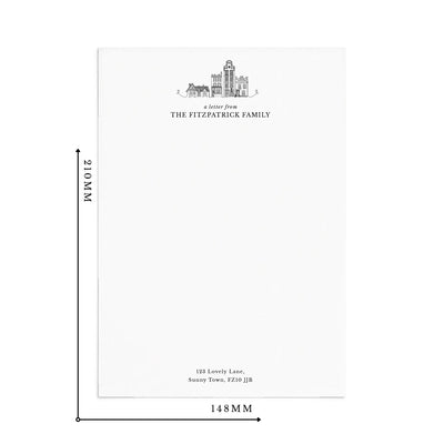 Personalised A5 family letter head paper on a white background. Measurements read 210mm by 148mm.