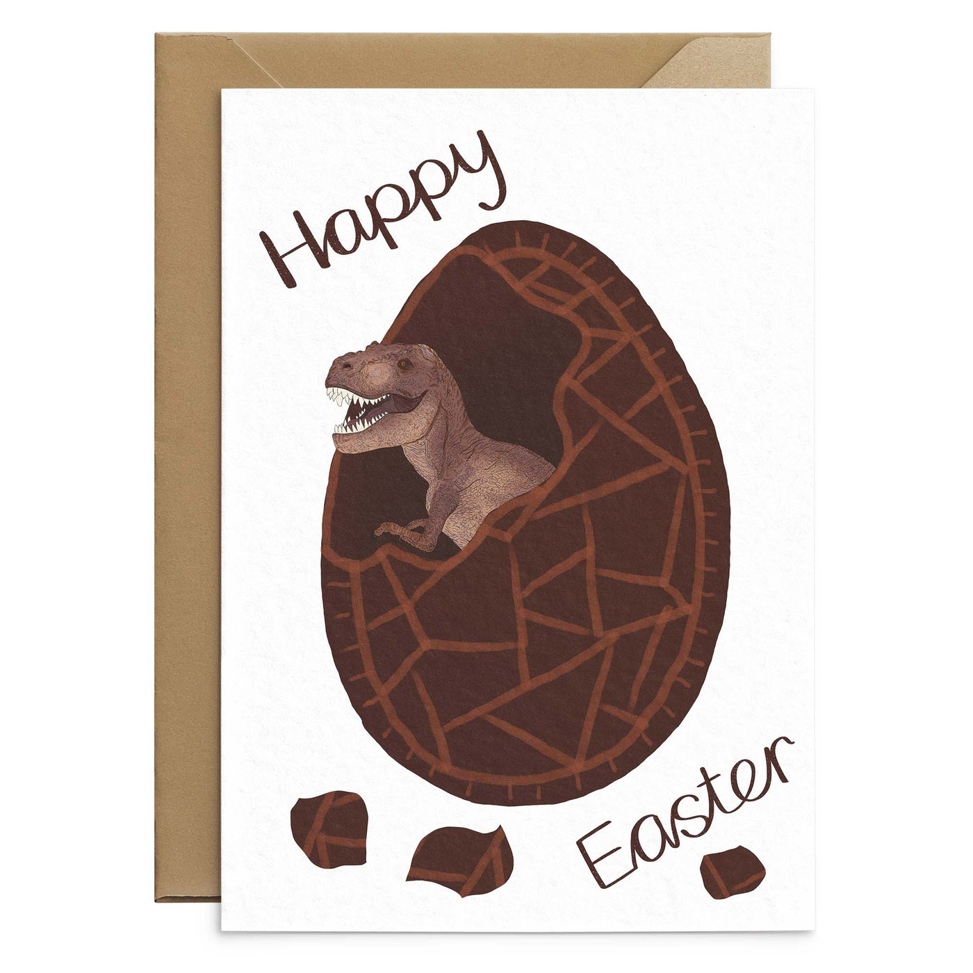 An unusual easter card for kids featuring a brown T rex  hatching from inside chocolate easter egg. Brown text reads 'happy easter'. Illustration on white A6 card with recycled envelopes. Easter cards by Poppins and co.