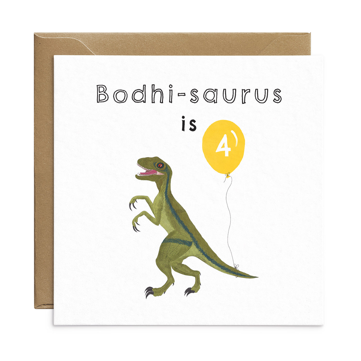 Dinosaur birthday card with unique illustration of a velociraptor holding a yellow balloon. Personalised text reads 'Bodhi-saurus is' with the number '3' on the balloon. Square card with brown Kraft envelope. Kids Birthday Card by Poppins and co.
