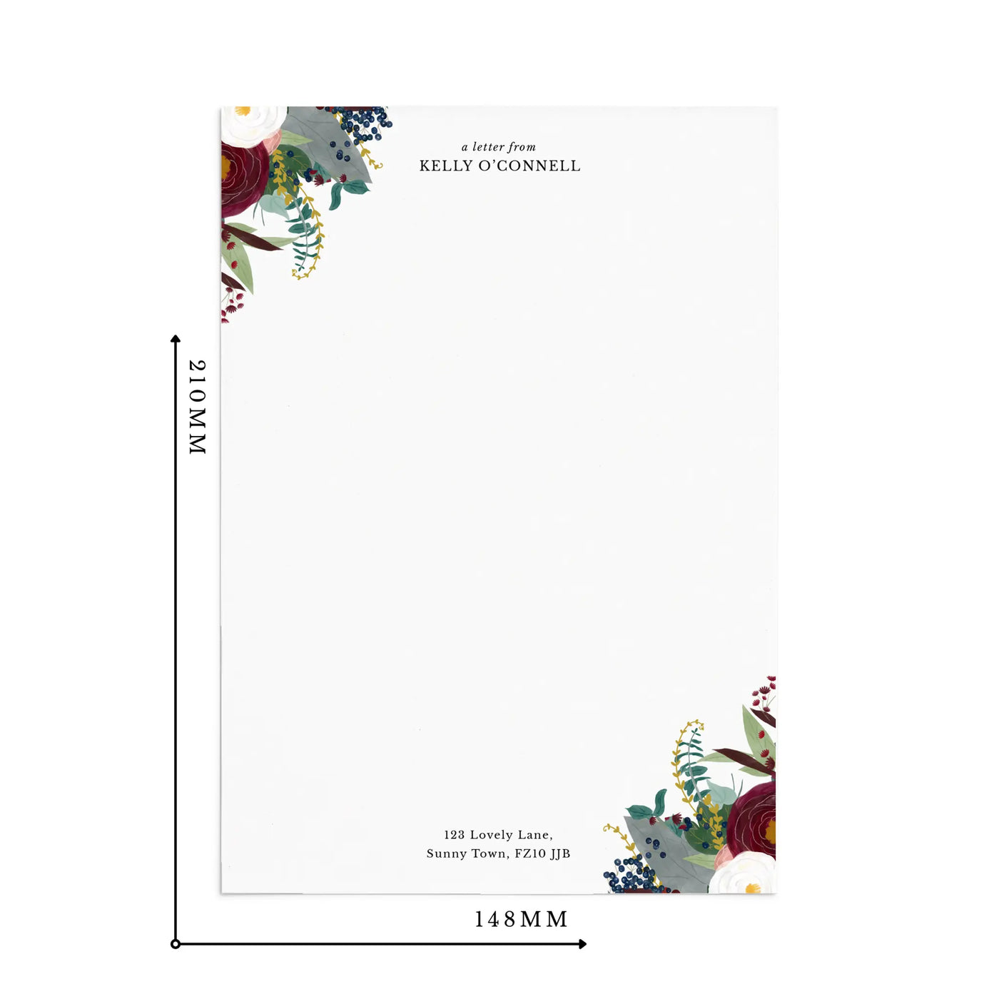 Single sheet of personalised burgundy and white floral writing paper on white background with measurements reading 210mm by 148mm.