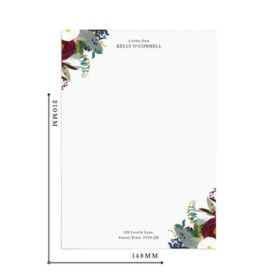 Single sheet of personalised burgundy and white floral writing paper on white background with measurements reading 210mm by 148mm.