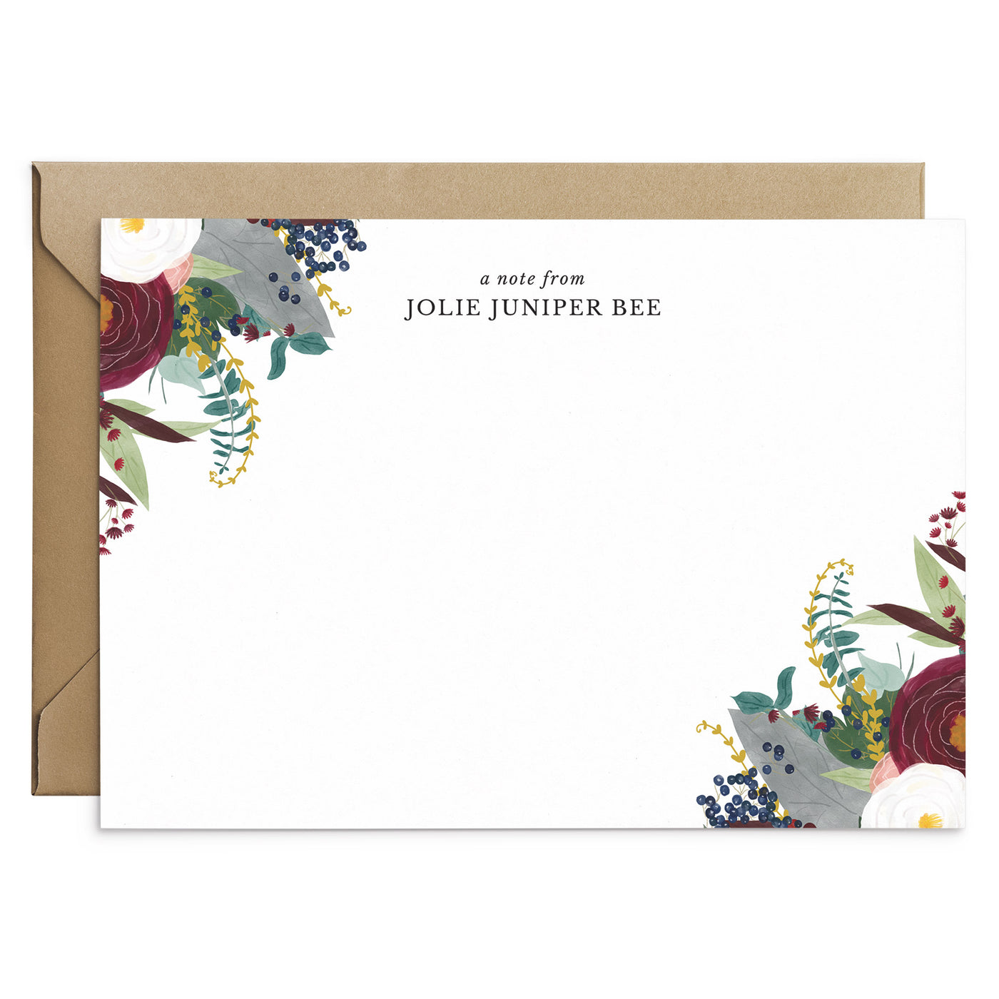 Burgundy Floral Corners Personalised Stationery Note Cards - Poppins & Co.