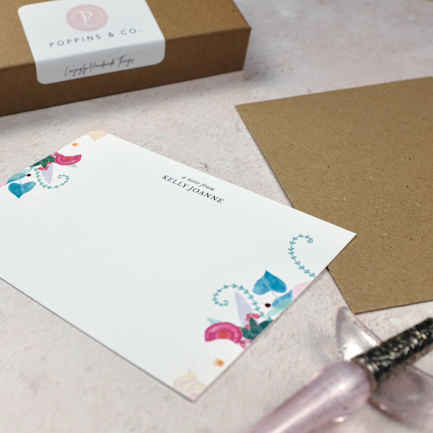 Pastel Floral Personalised Note Cards - Side - Poppins & Co.