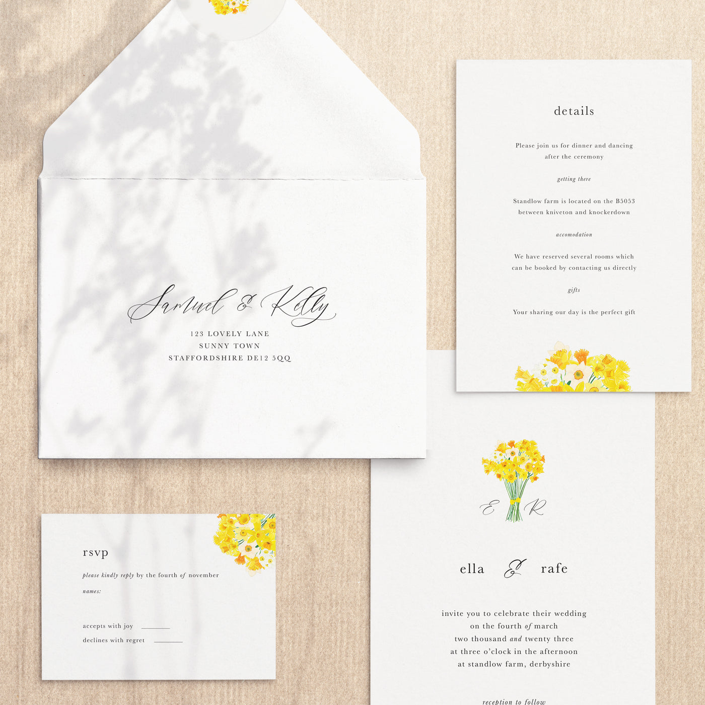Daffodils Monogram Wedding Invite Envelope Printing - Poppins & Co.
