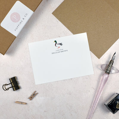 Mallard Duck Personalised Note Cards - Flatlay - Poppins & Co.