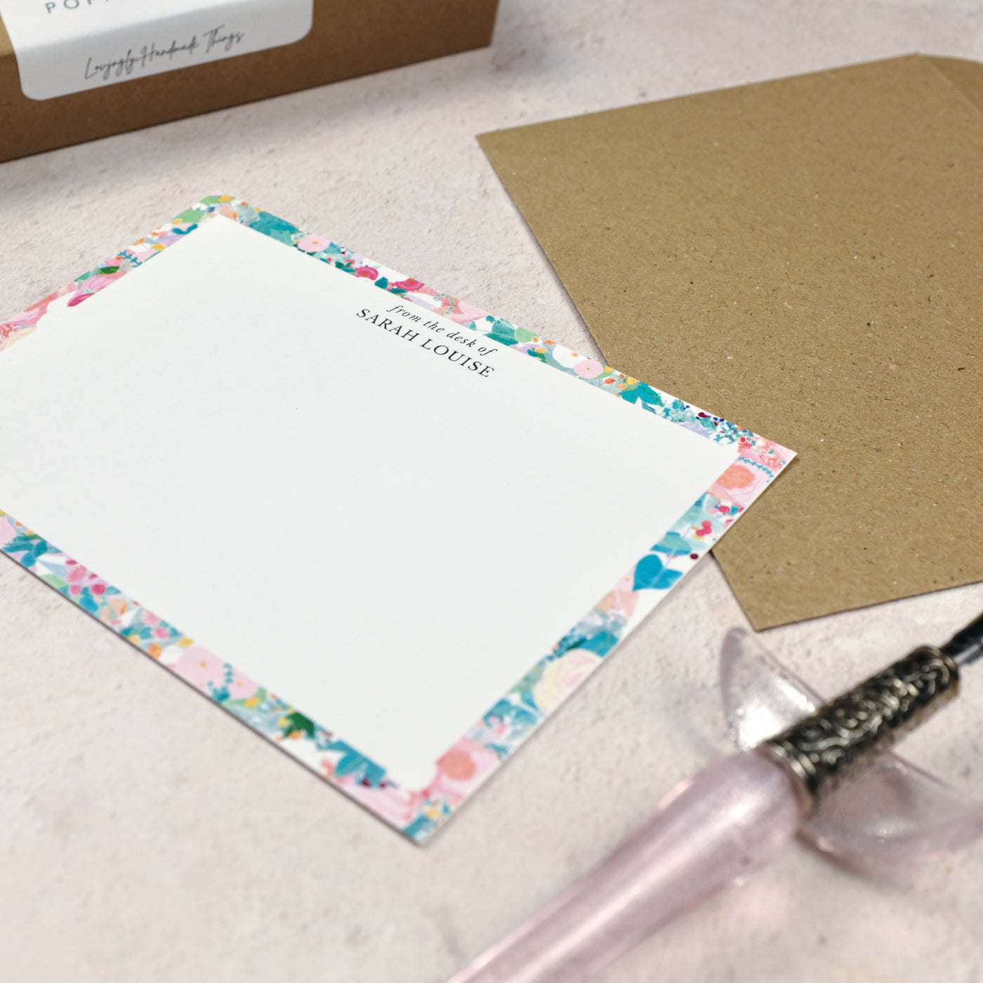 Rose Floral Personalised Note Card Set - Side - Poppins & Co.