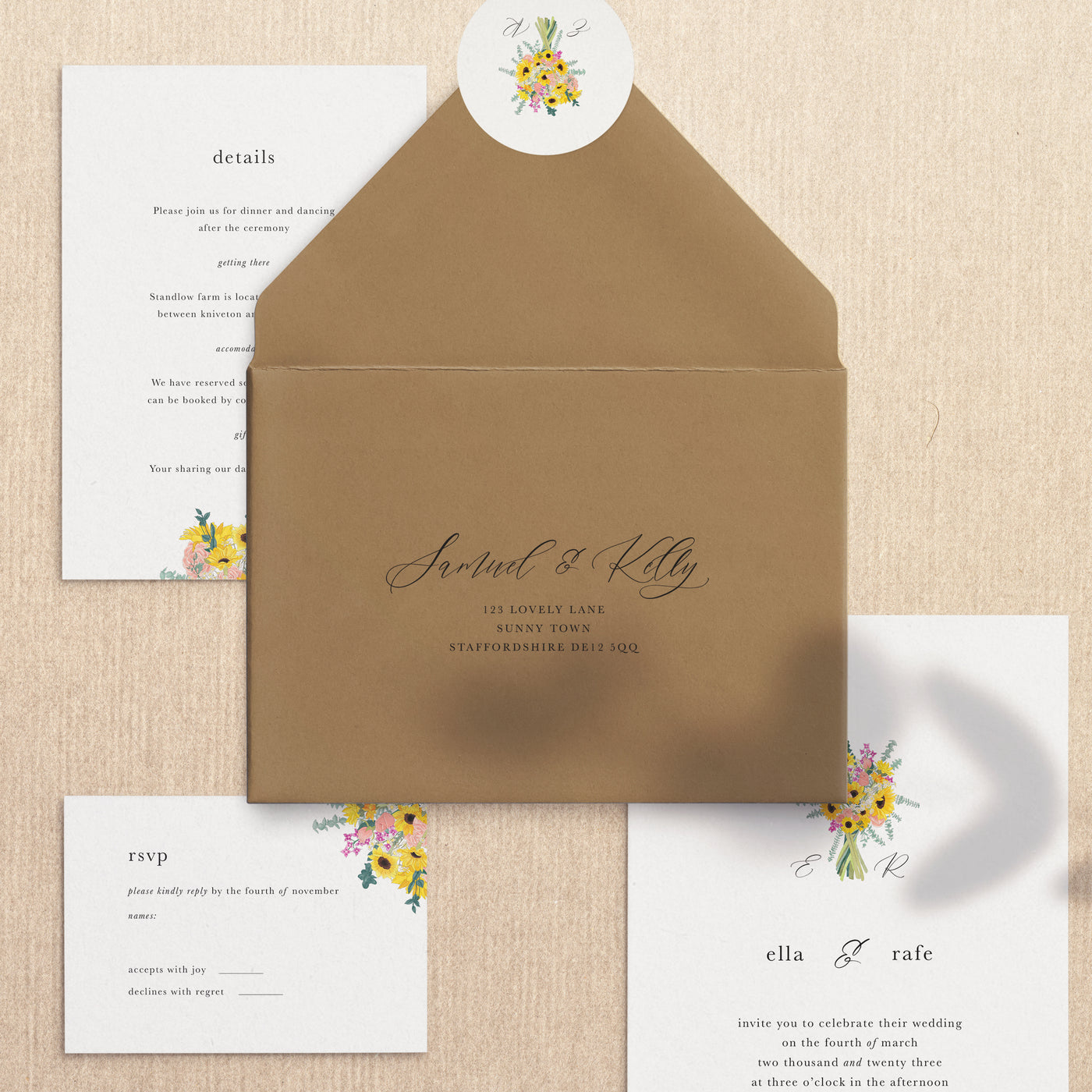 Sunflowers Monogram Wedding Invite - Printed Envelopes - Poppins & Co.