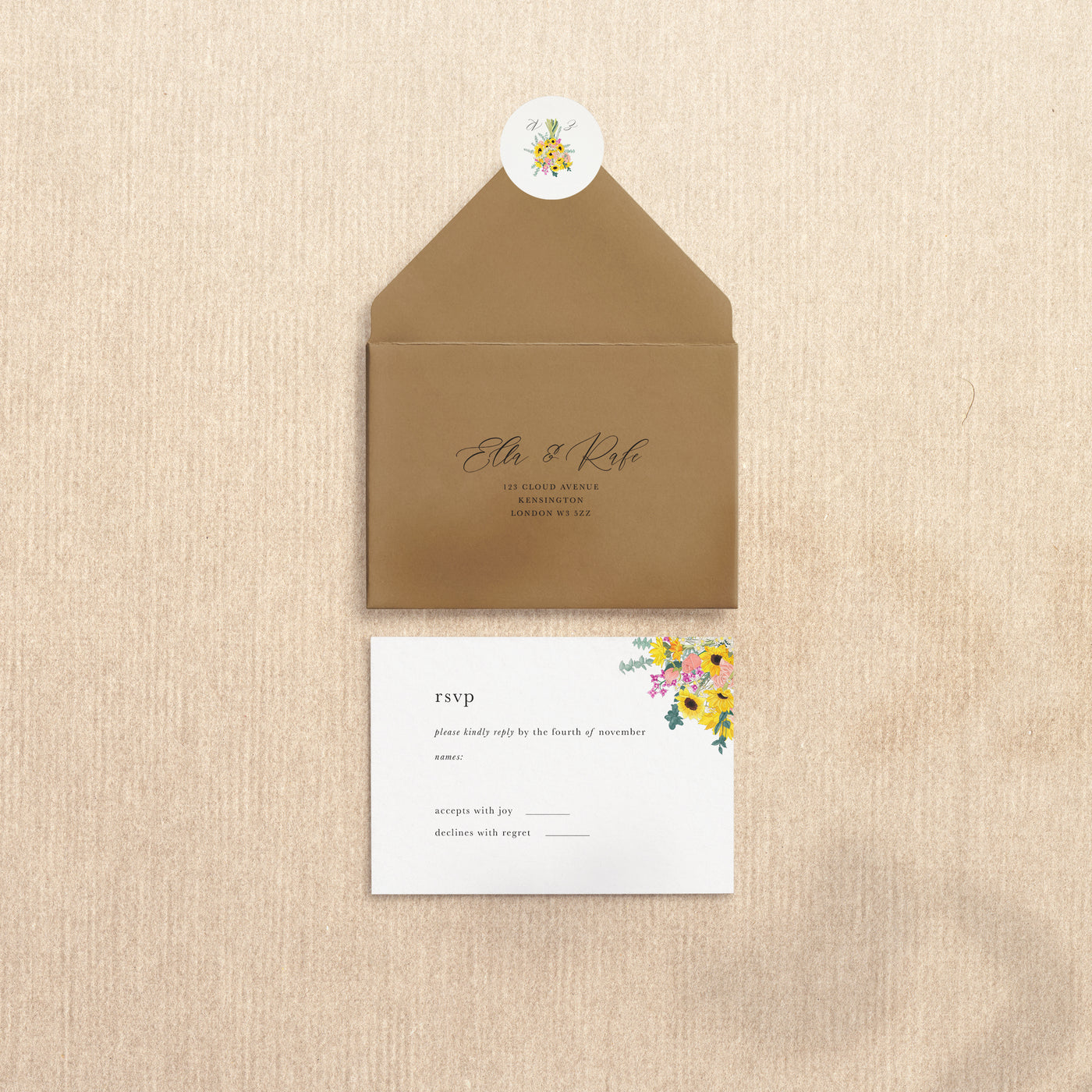 Sunflowers Monogram Wedding Stationery - RSVP - Poppins & Co.