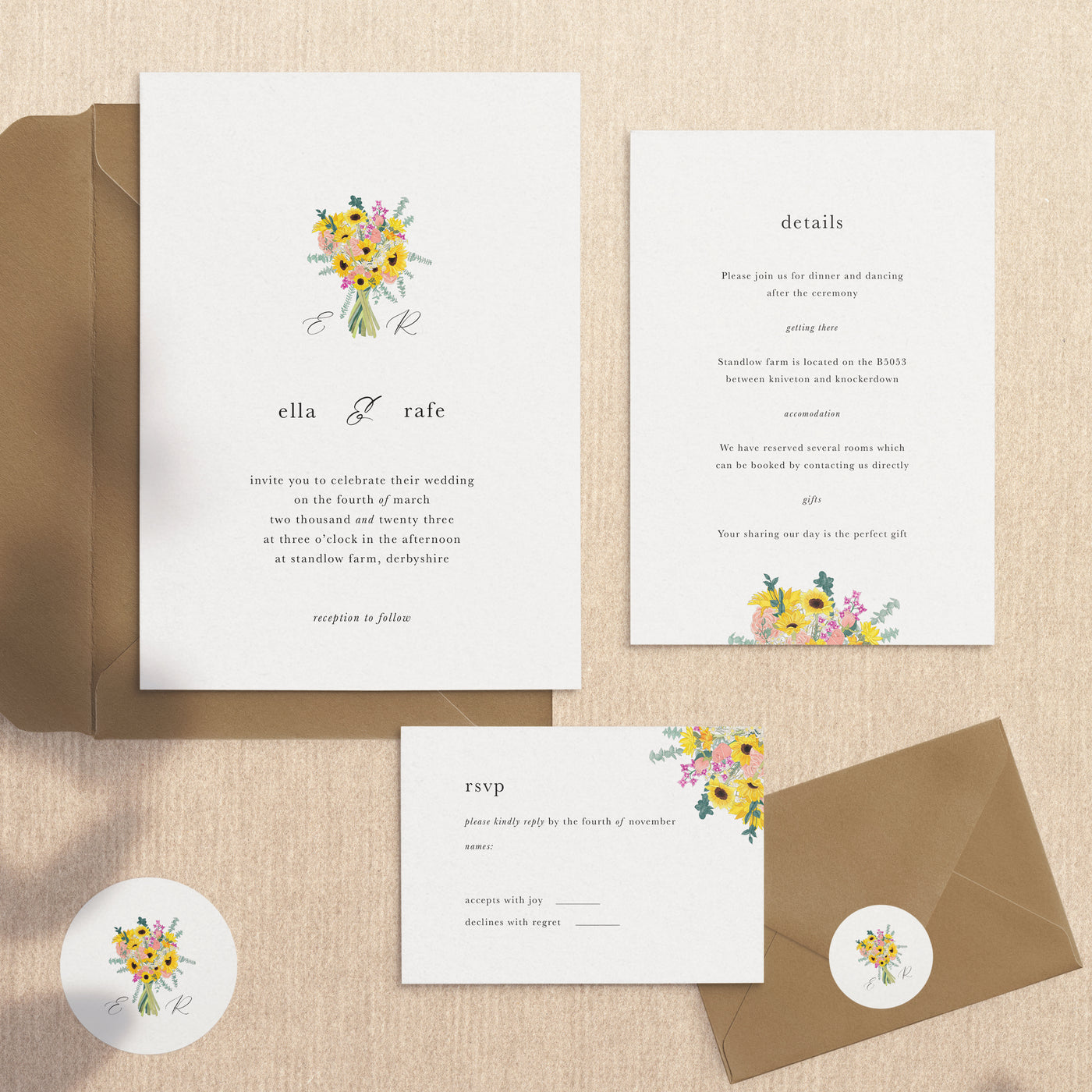 Sunflowers Monogram Wedding Invitation - Poppins & Co.